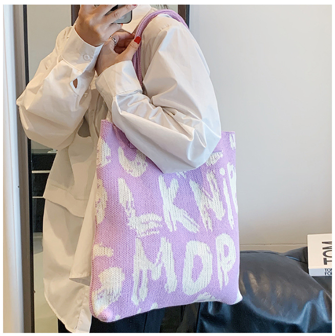 Graphic Letter Knit Tote with Reinforced Straps