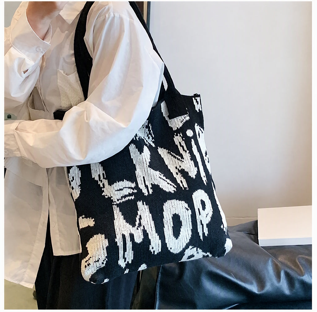Graphic Letter Knit Tote with Reinforced Straps