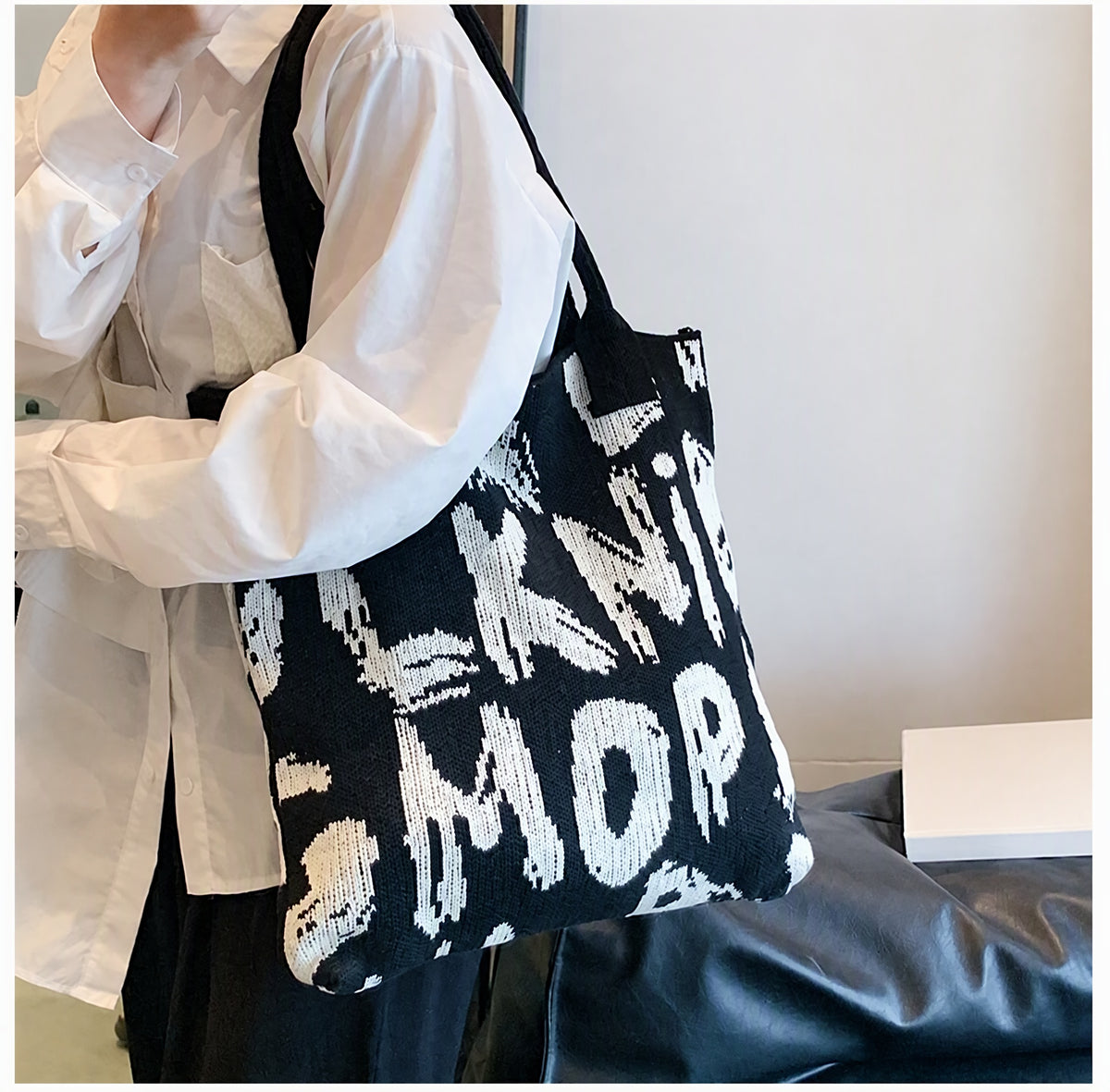 Graphic Letter Knit Tote with Reinforced Straps
