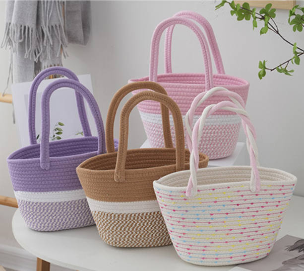 Color Block Crochet Bucket Tote Bag with Double Handles