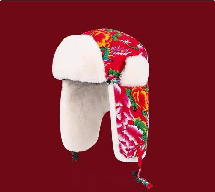Quilted Winter Floral Plush Ear Flaps Trapper Hat