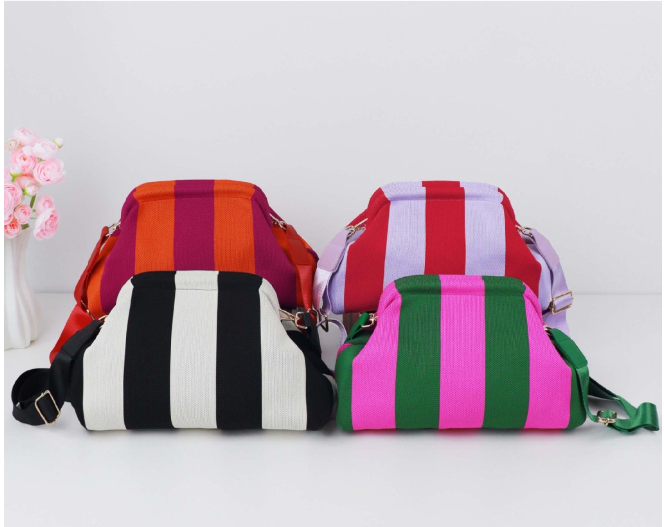 Striped Kiss Lock Adjustable Shoulder Strap Crossbody Bag