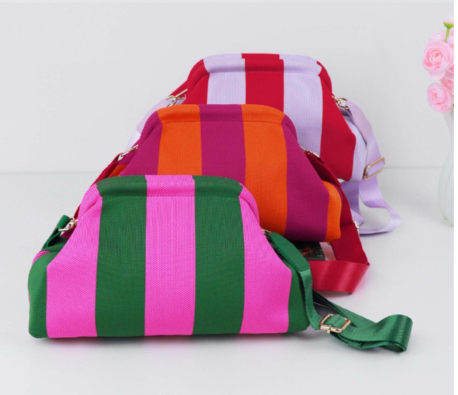 Striped Kiss Lock Adjustable Shoulder Strap Crossbody Bag