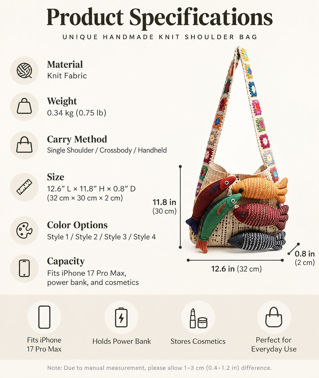 3D Fish Appliqué Granny Square Strap Mesh Knit Shoulder Bag