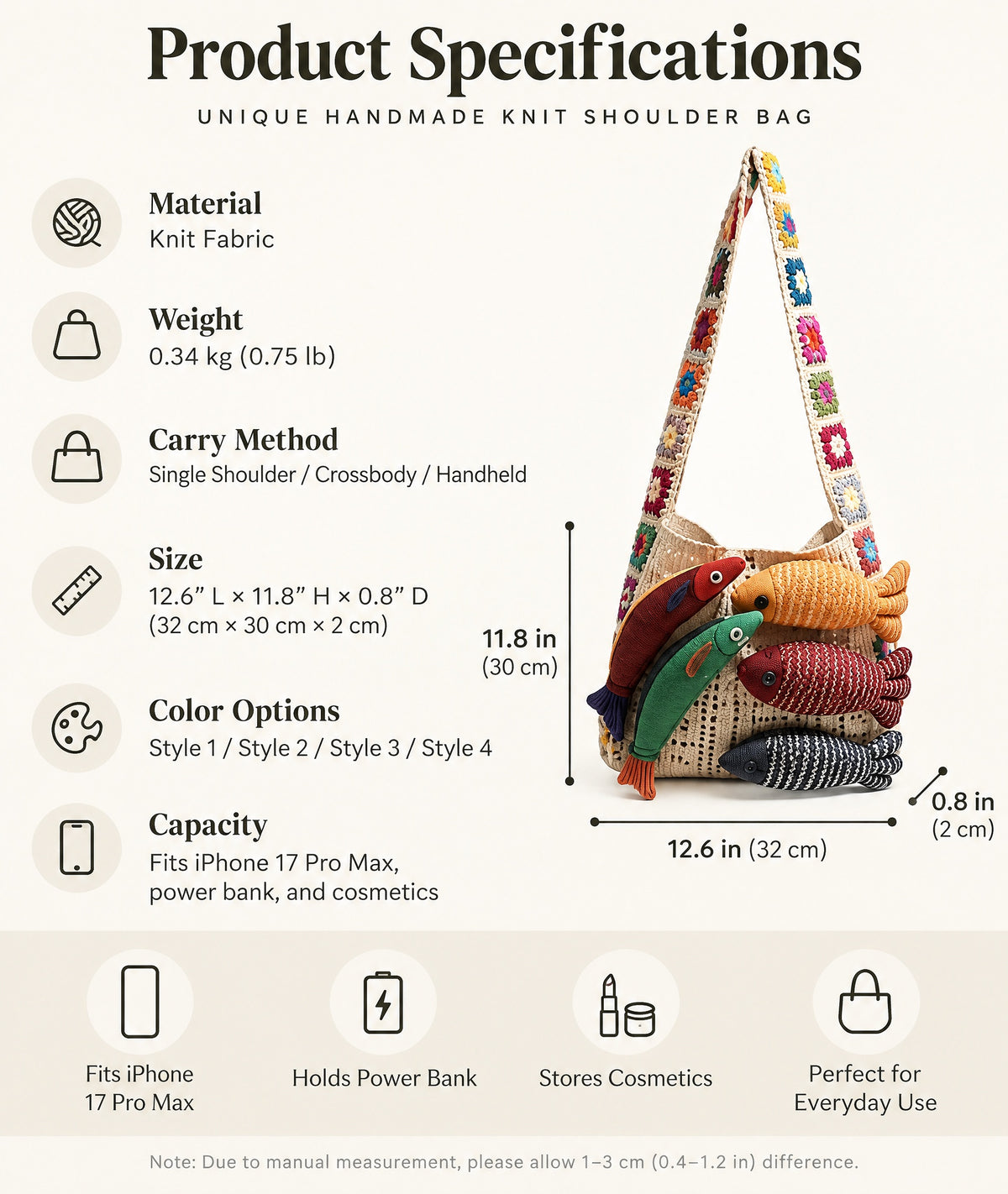 3D Fish Appliqué Granny Square Strap Mesh Knit Shoulder Bag