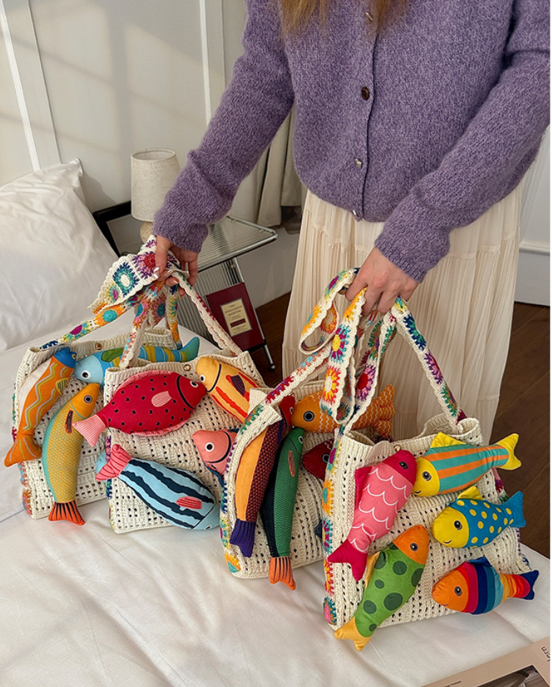 3D Fish Appliqué Granny Square Strap Mesh Knit Shoulder Bag