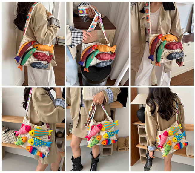 3D Fish Appliqué Granny Square Strap Mesh Knit Shoulder Bag