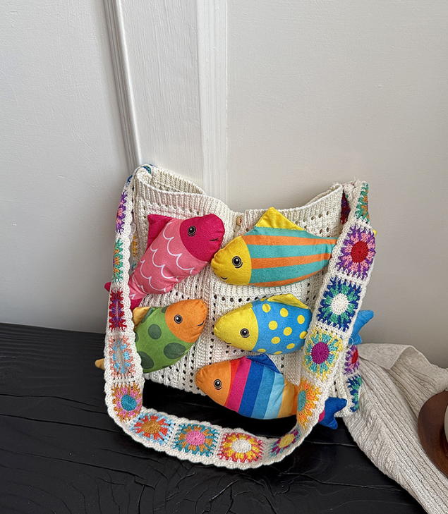 3D Fish Appliqué Granny Square Strap Mesh Knit Shoulder Bag
