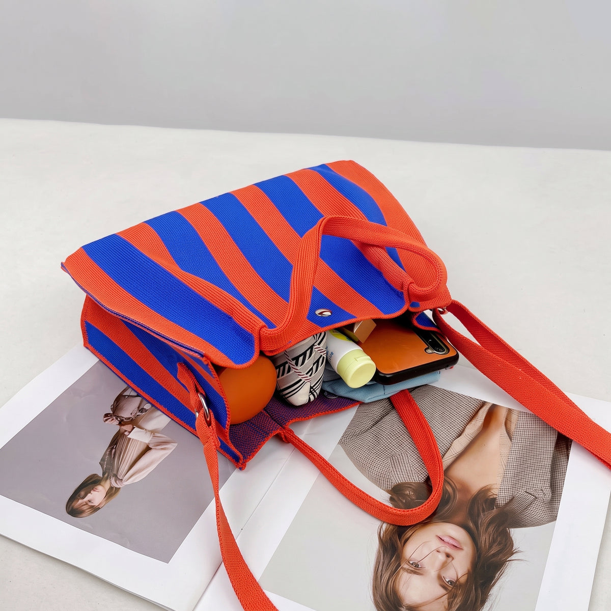 Casual Striped Adjustable Shoulder Strap Tote Bag