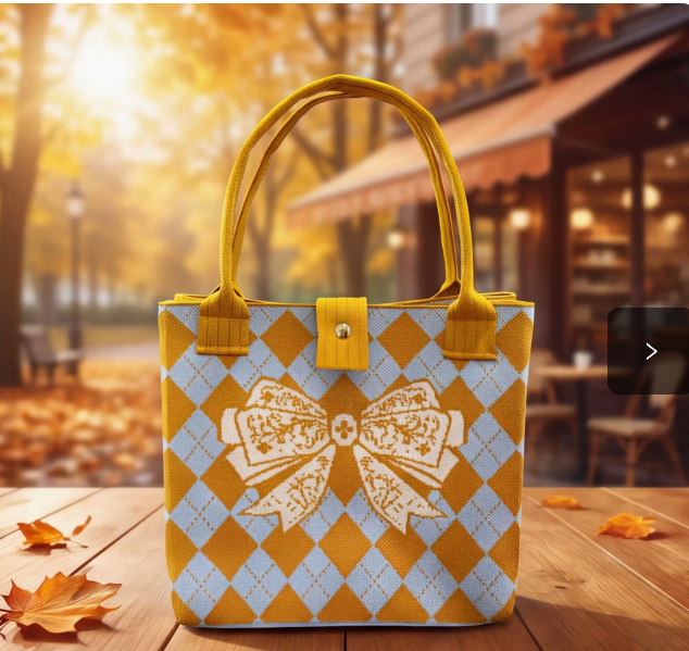 Elegant Argyle Bow Print Knit Tote Handbag
