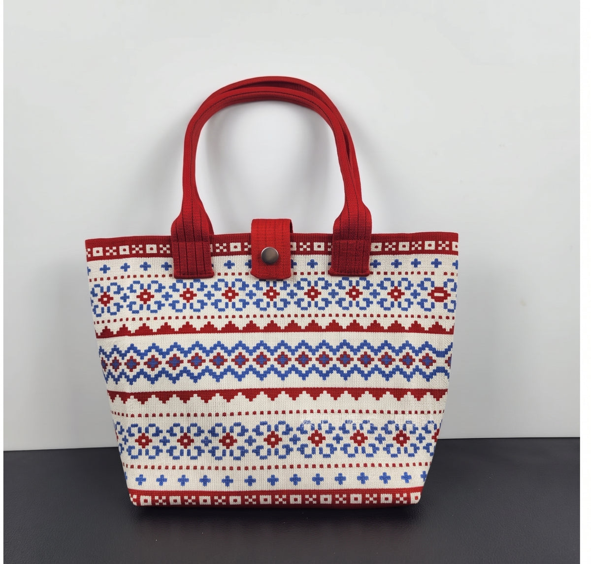 Boho Geometric Pattern Snap Closure Knit Tote Bag