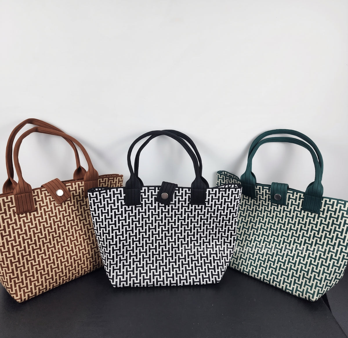 Boho Geometric Pattern Snap Closure Knit Tote Bag