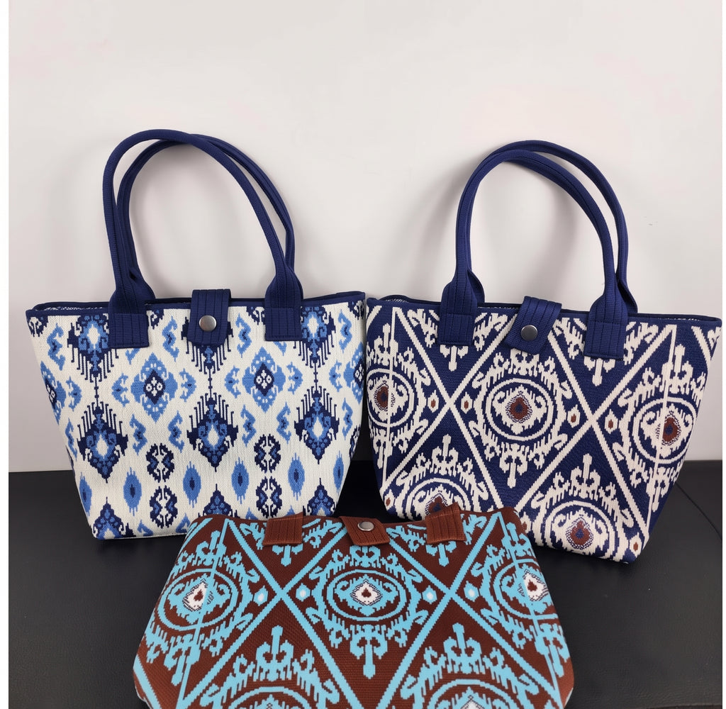Boho Geometric Pattern Snap Closure Knit Tote Bag