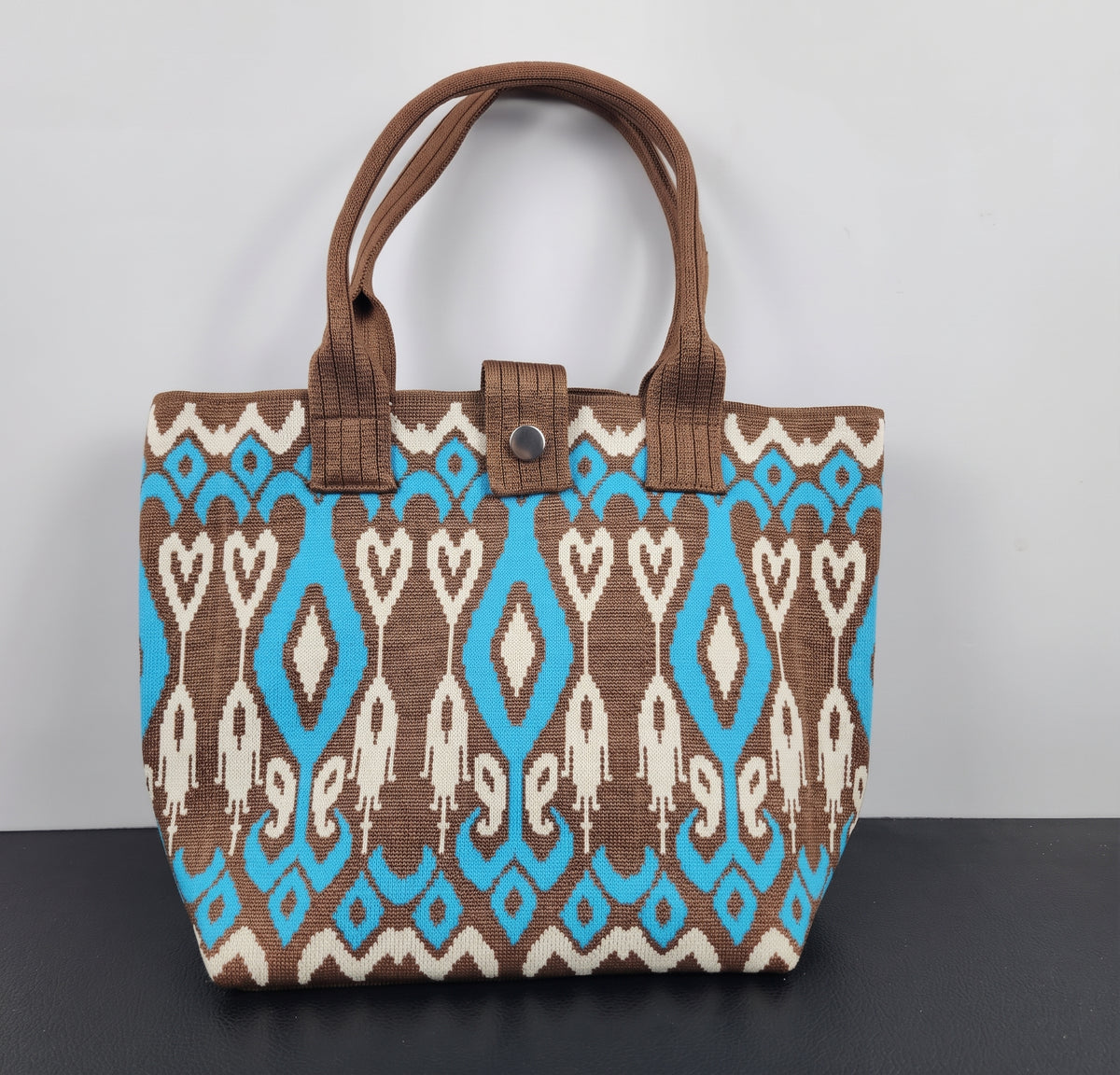 Boho Geometric Pattern Snap Closure Knit Tote Bag