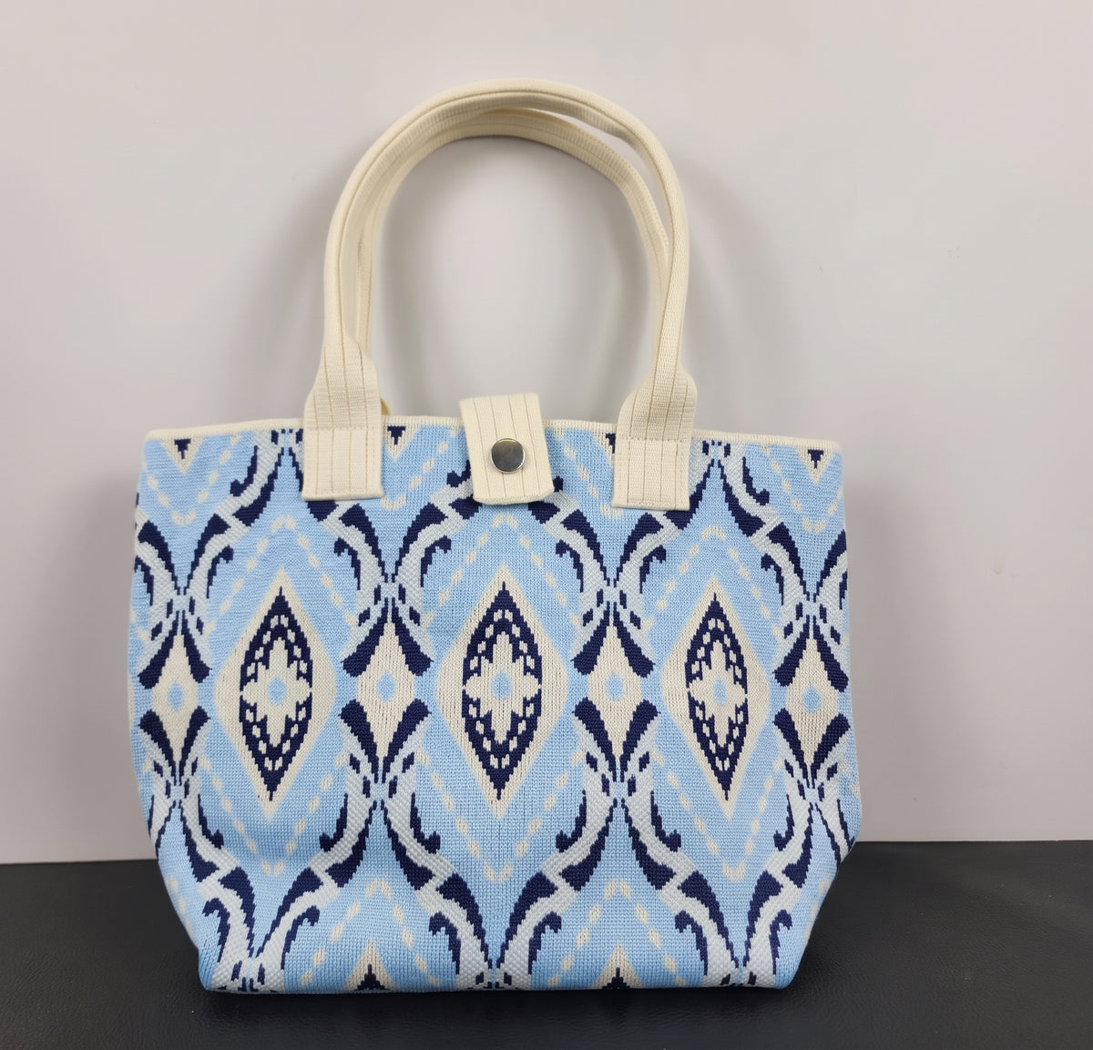 Boho Geometric Pattern Snap Closure Knit Tote Bag