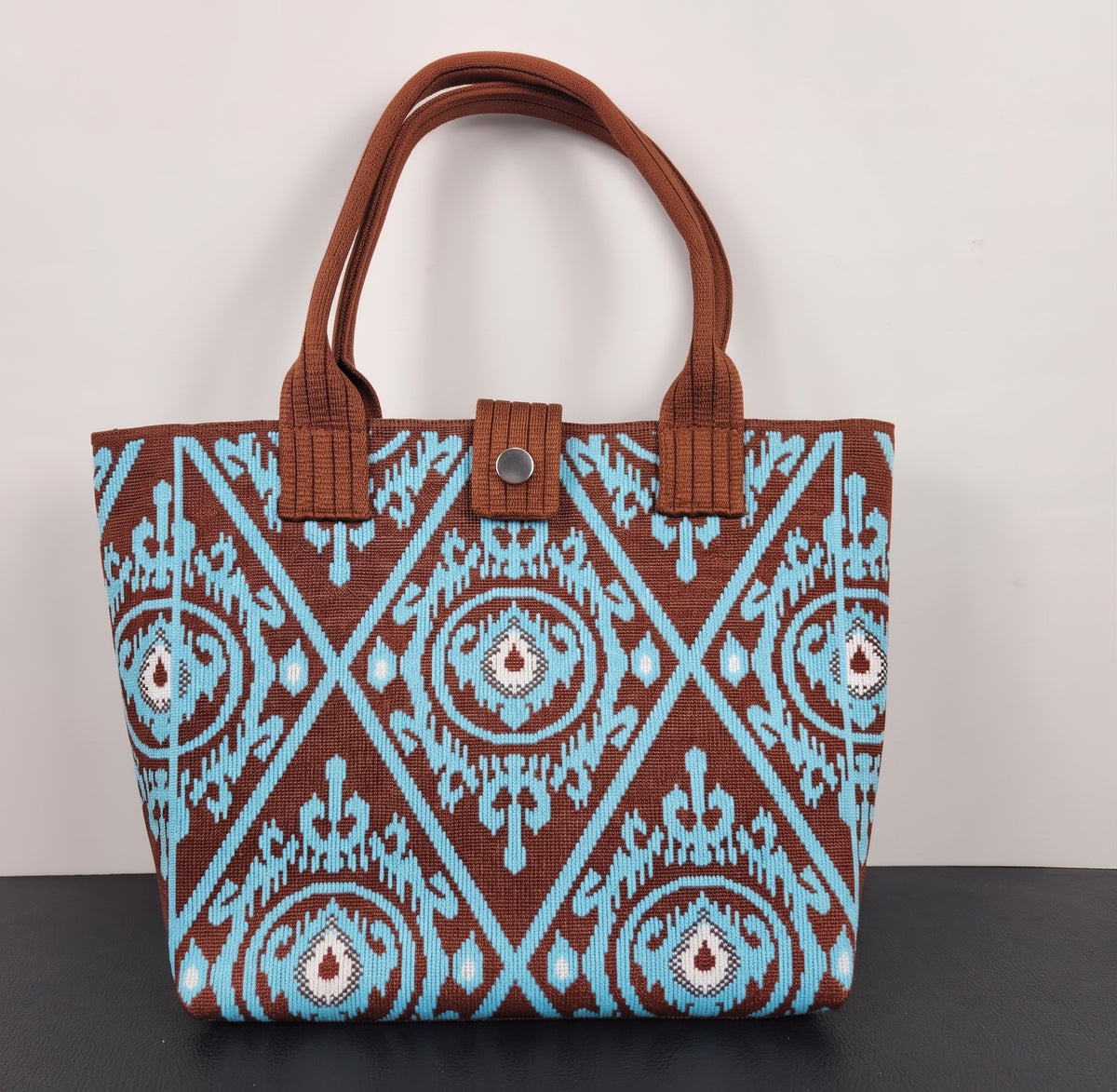 Boho Geometric Pattern Snap Closure Knit Tote Bag