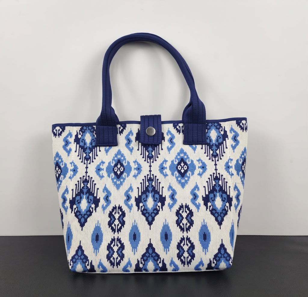 Boho Geometric Pattern Snap Closure Knit Tote Bag
