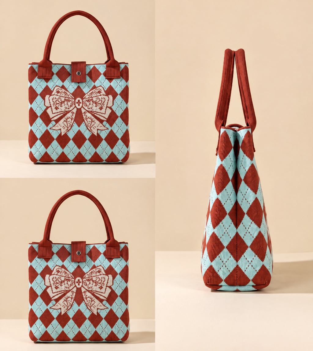 Elegant Argyle Bow Print Knit Tote Handbag