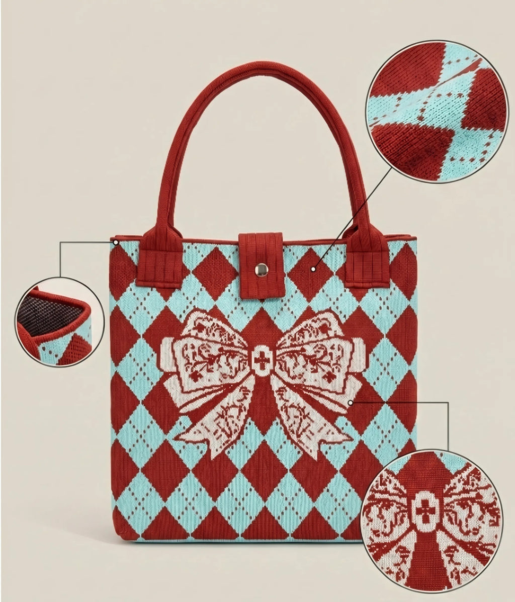 Elegant Argyle Bow Print Knit Tote Handbag