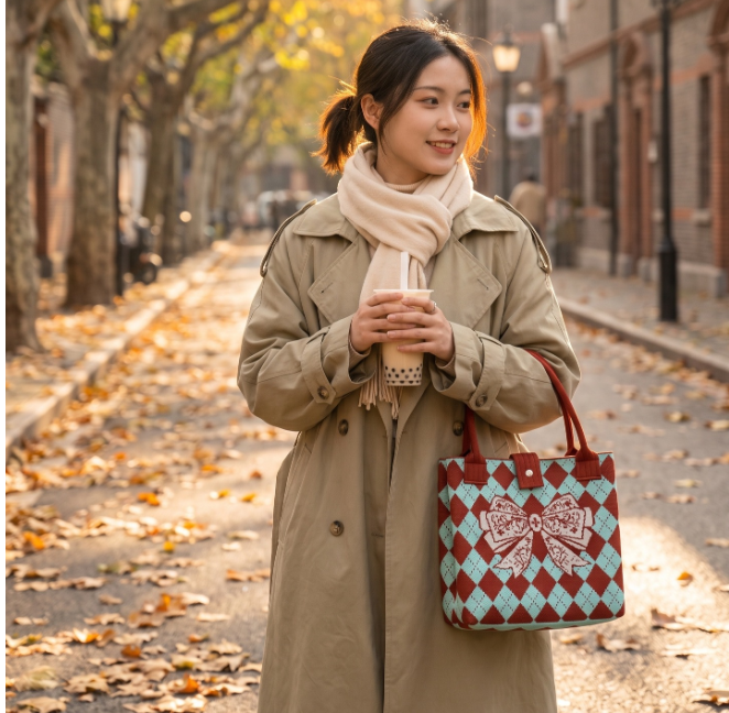 Elegant Argyle Bow Print Knit Tote Handbag