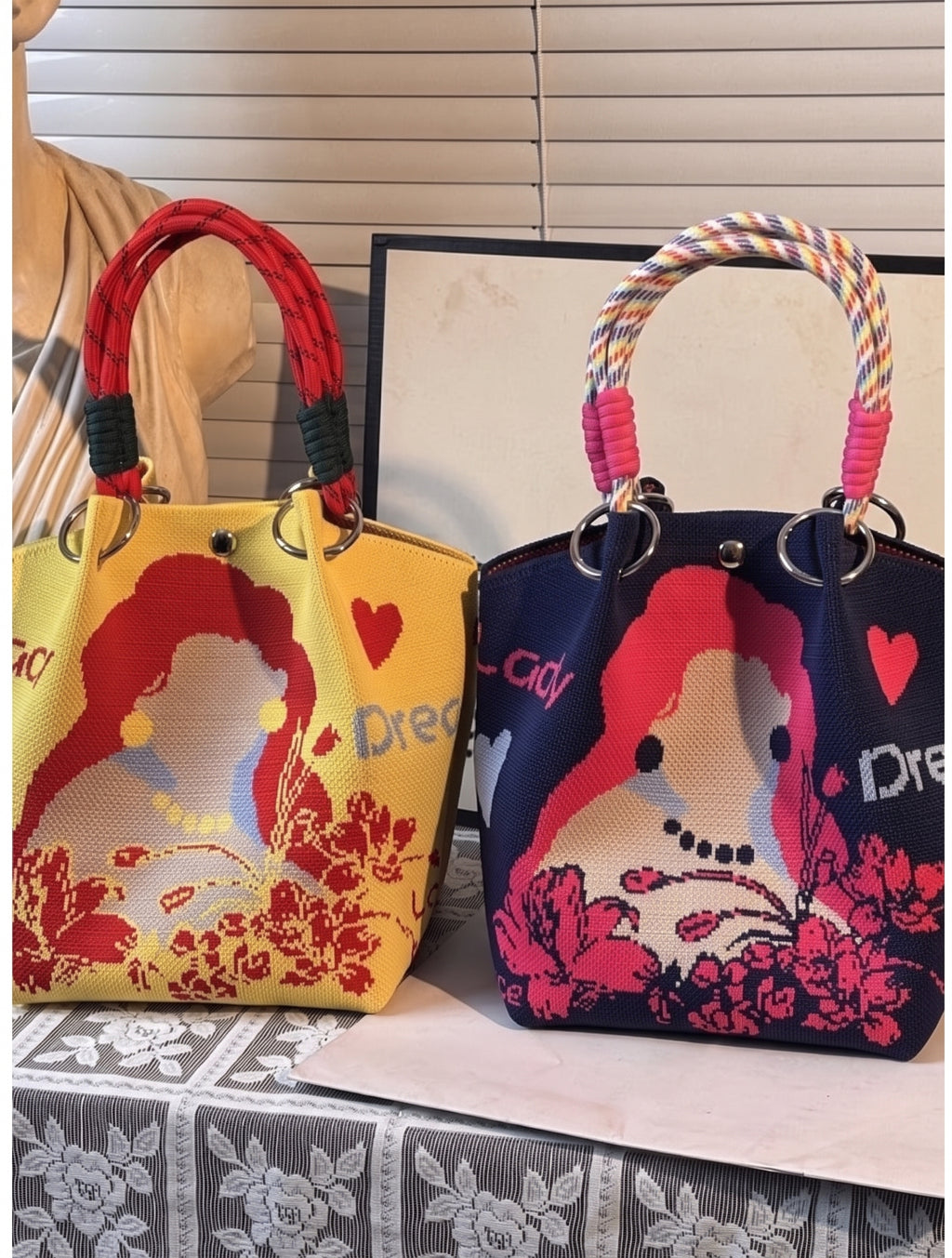 Valentine's Day Floral Braided Handle Knit Bucket Handbag