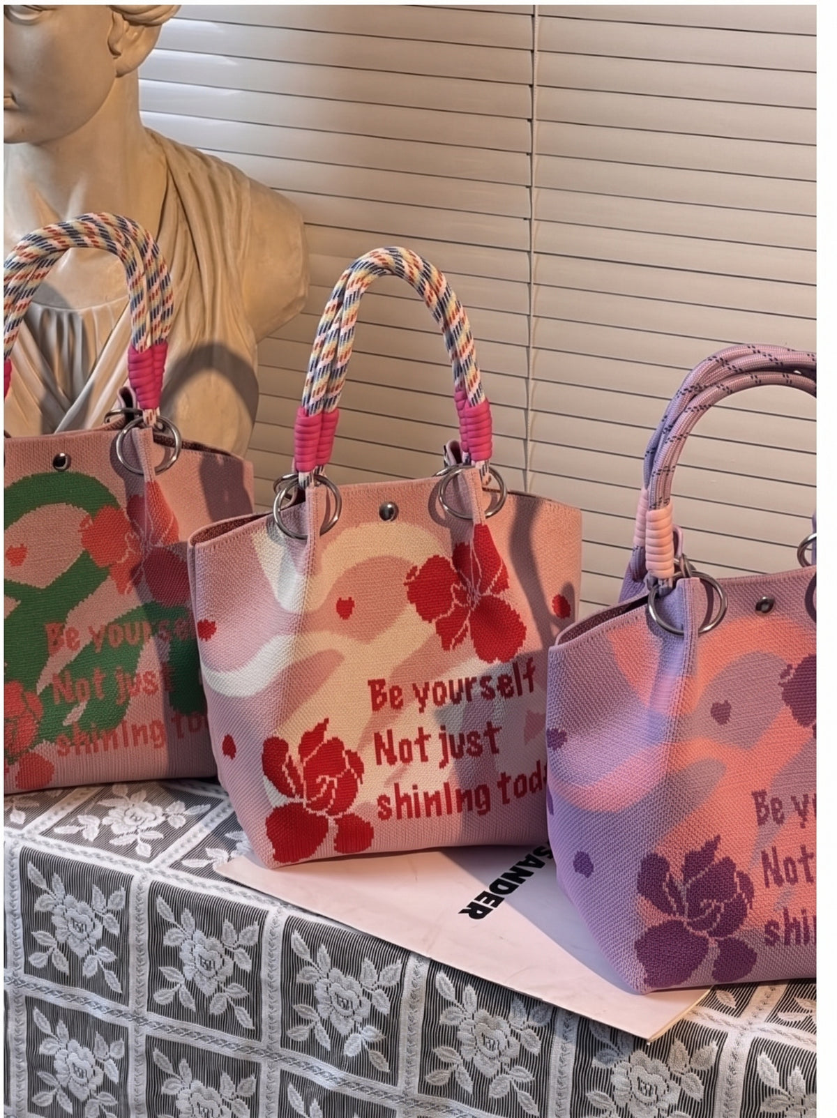 Valentine's Day Floral Braided Handle Knit Bucket Handbag