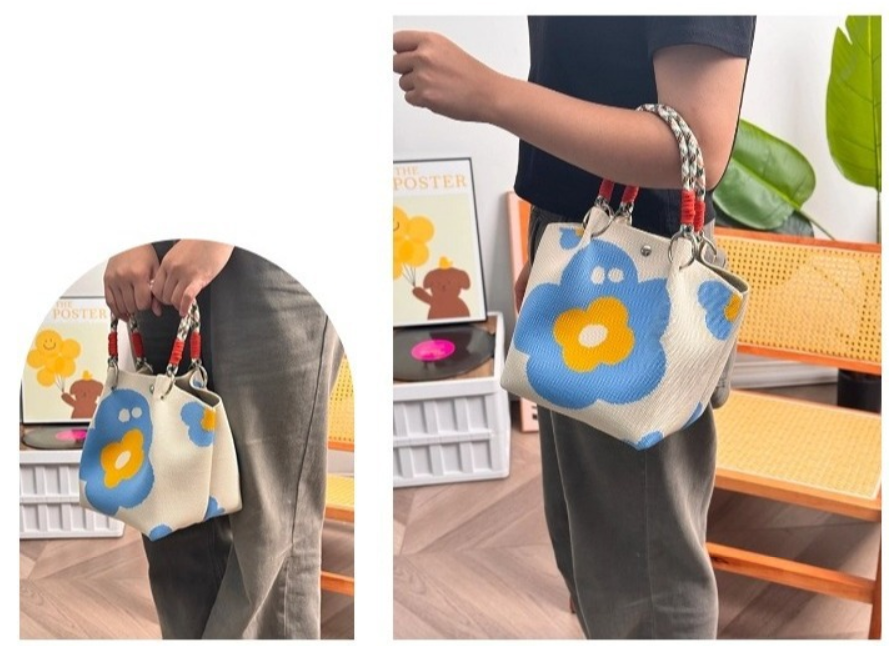 Valentine's Day Floral Braided Handle Knit Bucket Handbag