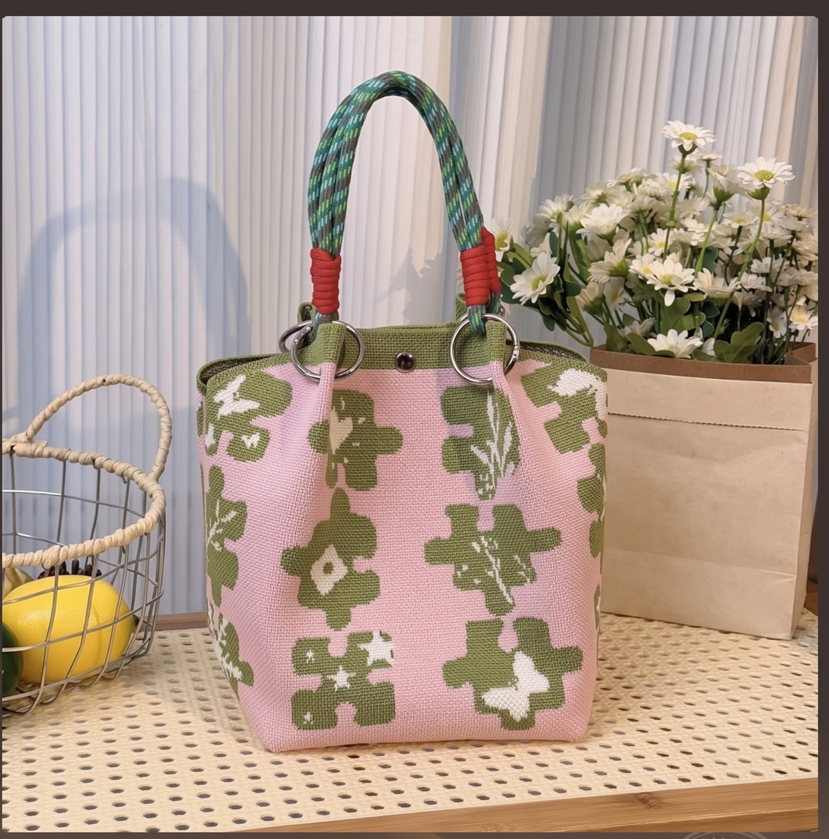 Floral Print Braided Handle Knit Bucket Bag