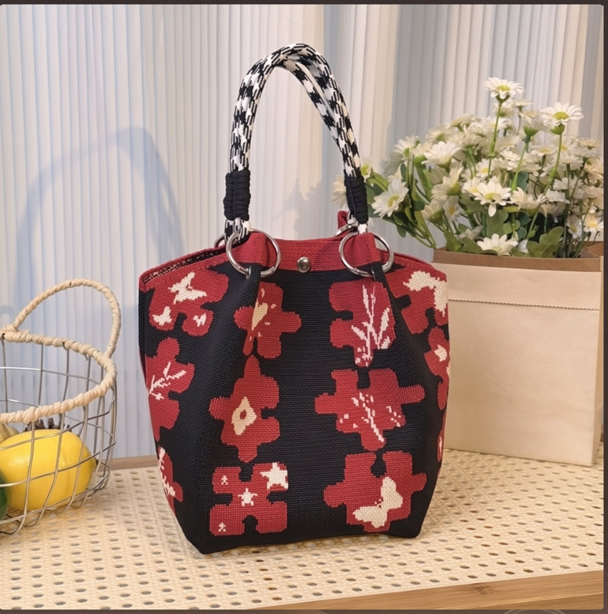 Floral Print Braided Handle Knit Bucket Bag