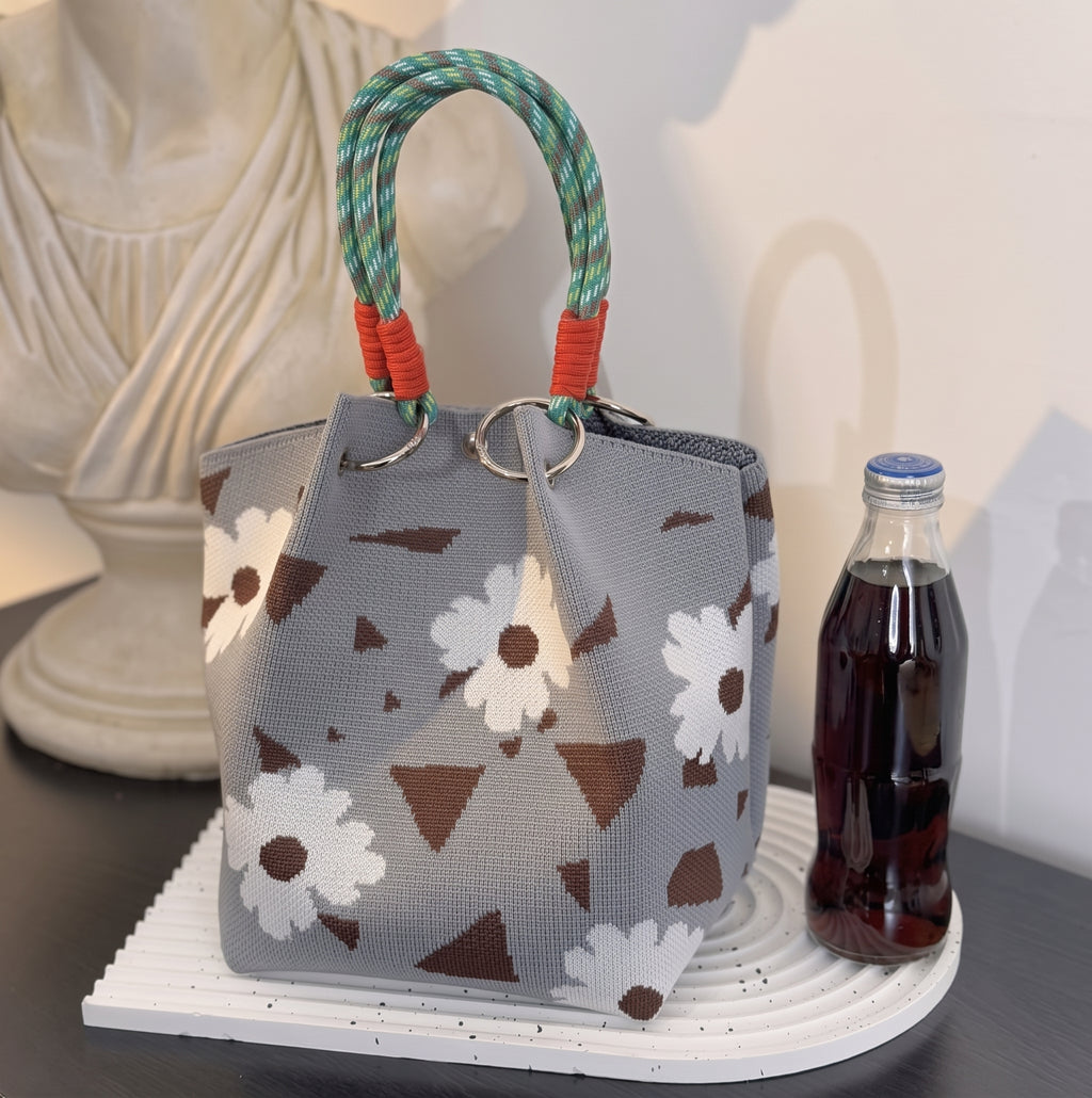 Floral Print Braided Handle Knit Bucket Bag