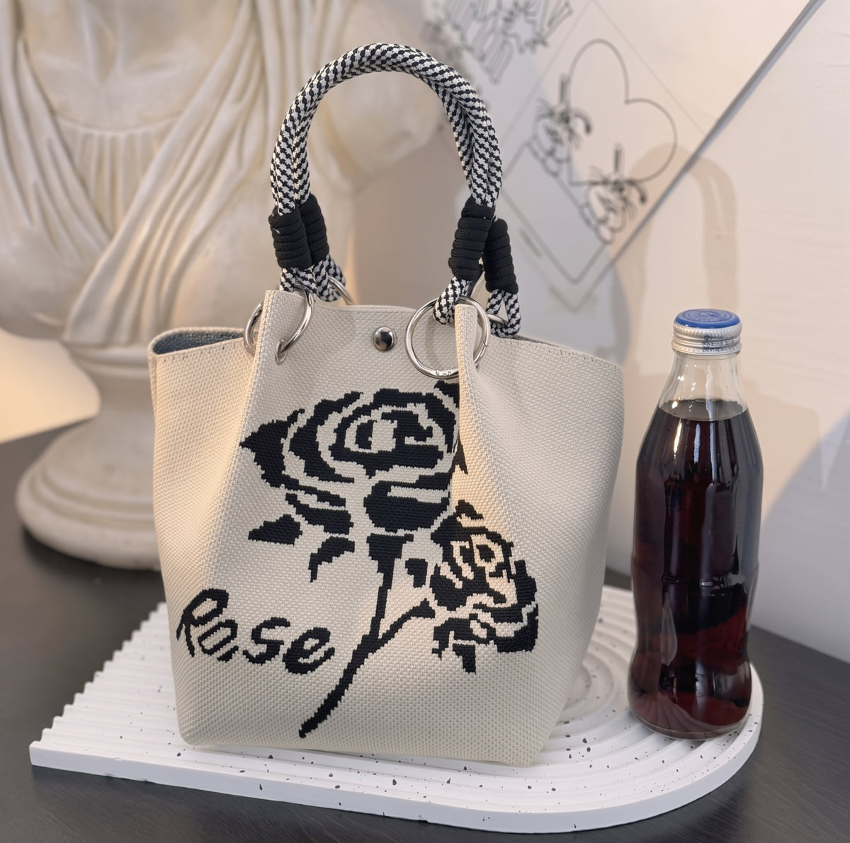 Floral Print Braided Handle Knit Bucket Bag