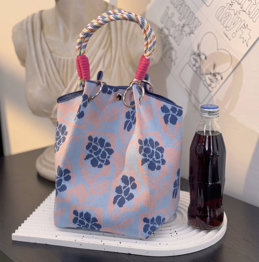 Floral Print Braided Handle Knit Bucket Bag