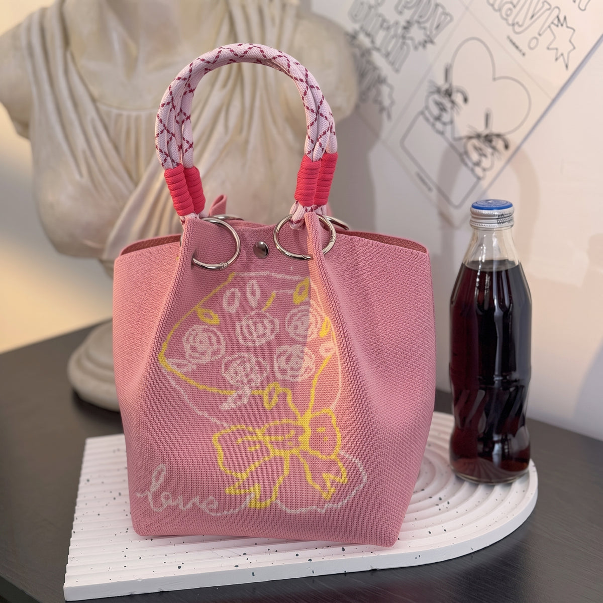 Floral Print Braided Handle Knit Bucket Bag