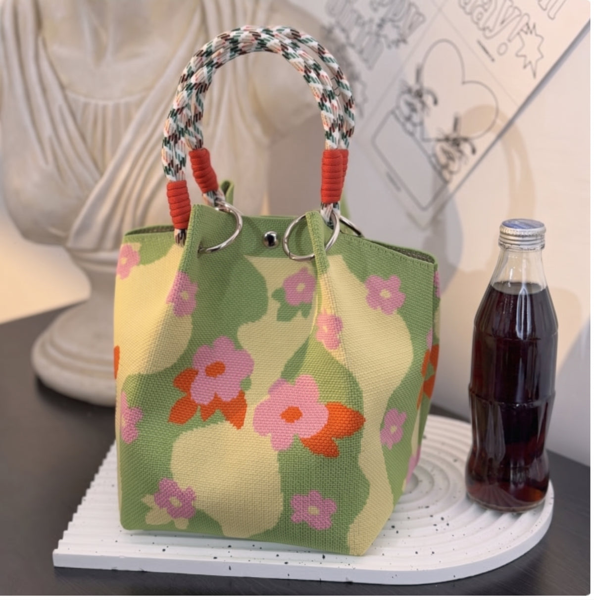 Floral Print Braided Handle Knit Bucket Bag