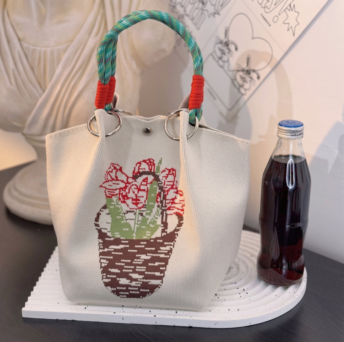 Floral Print Braided Handle Knit Bucket Bag