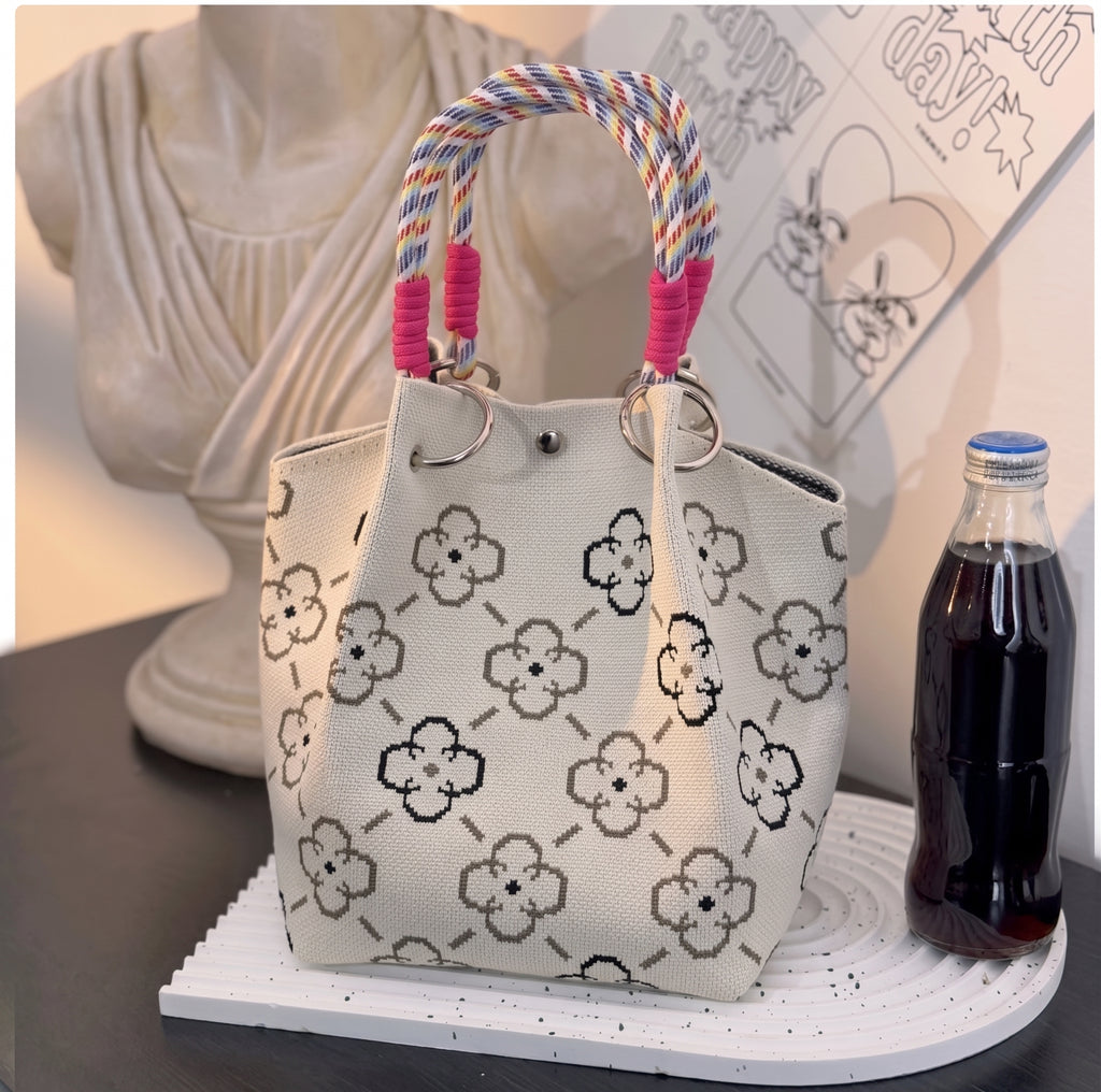 Floral Print Braided Handle Knit Bucket Bag