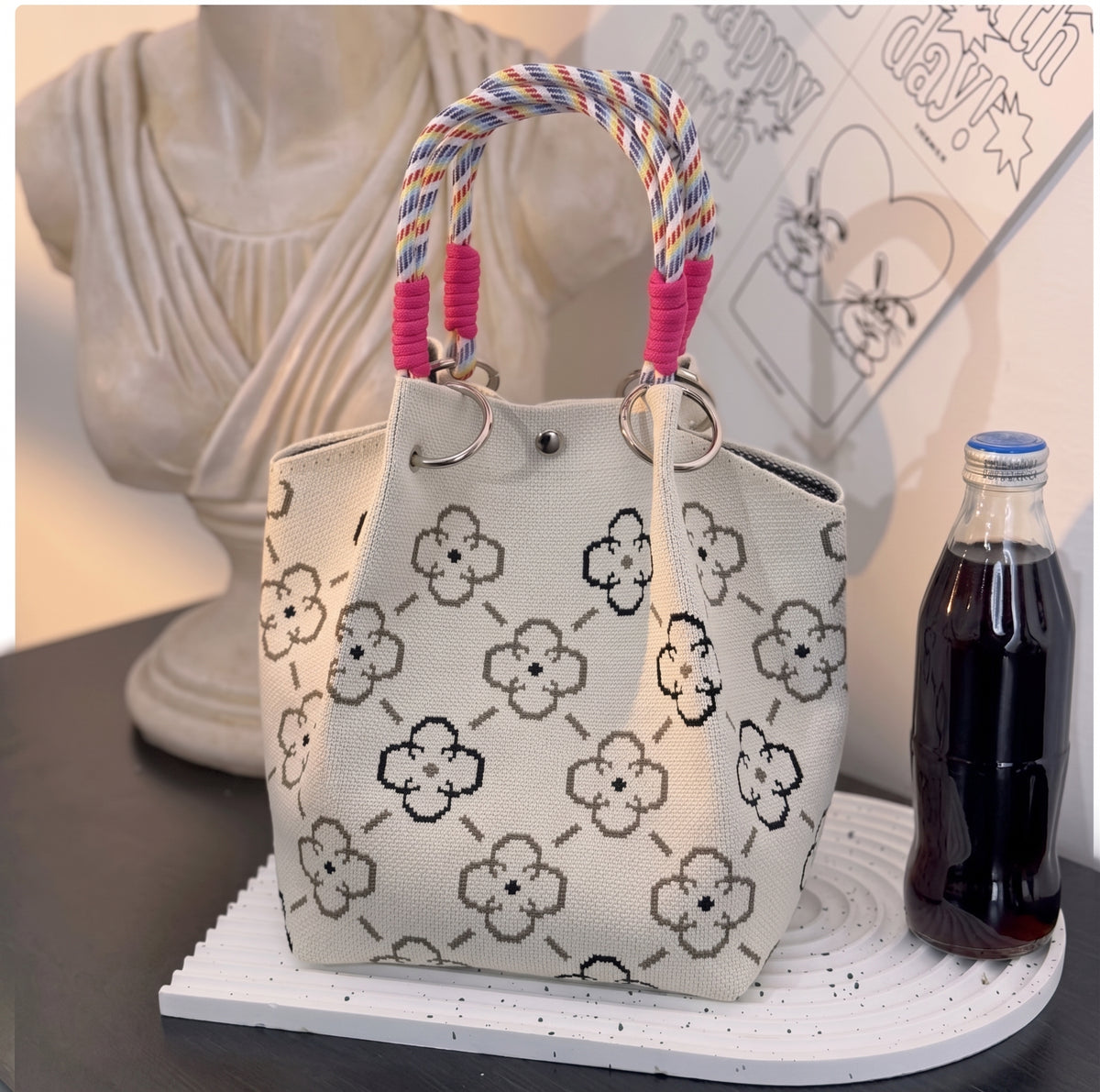 Floral Print Braided Handle Knit Bucket Bag