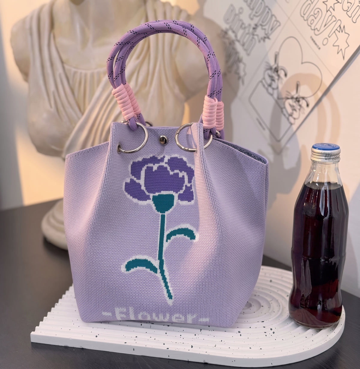 Floral Print Braided Handle Knit Bucket Bag