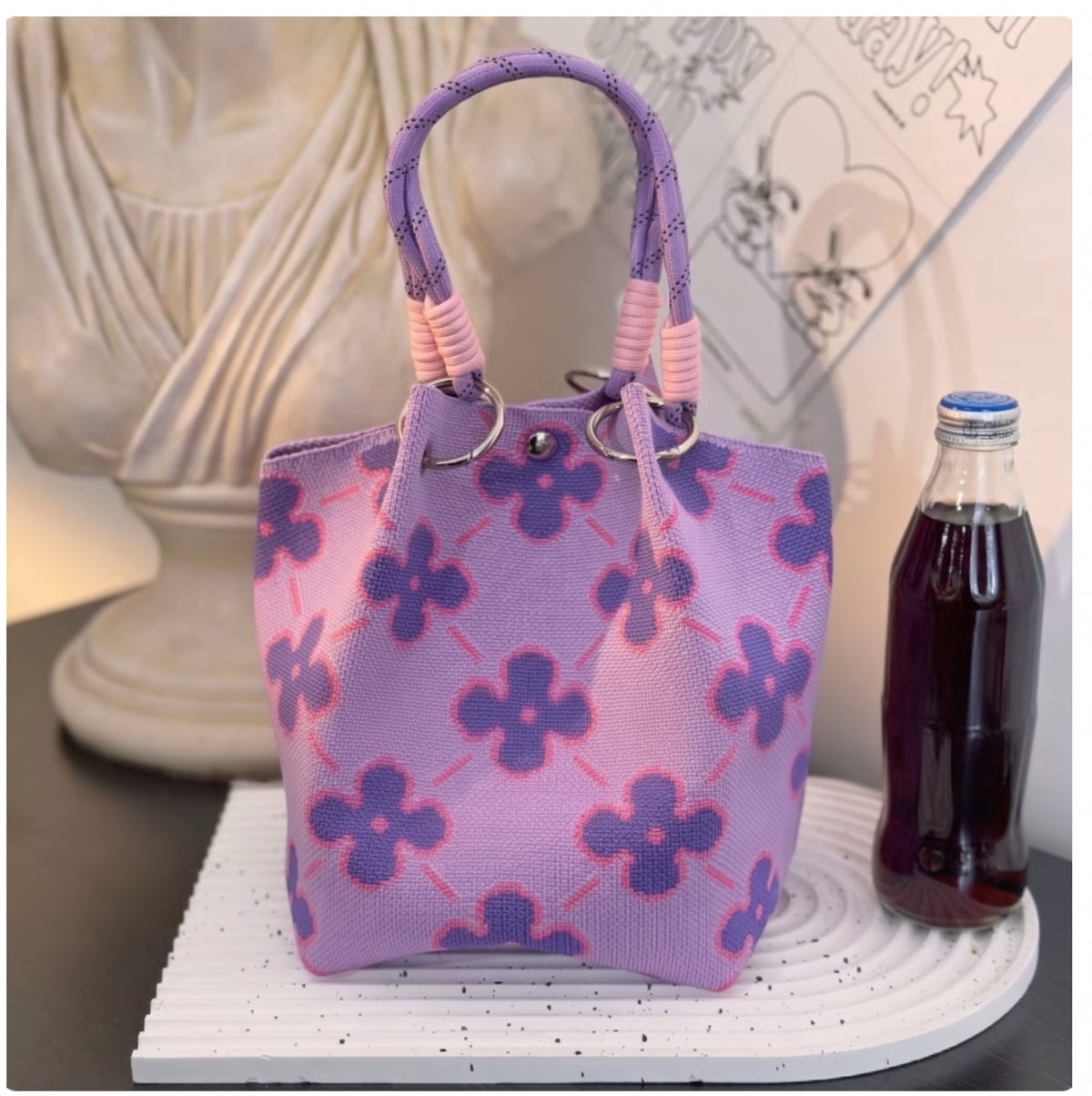 Floral Print Braided Handle Knit Bucket Bag