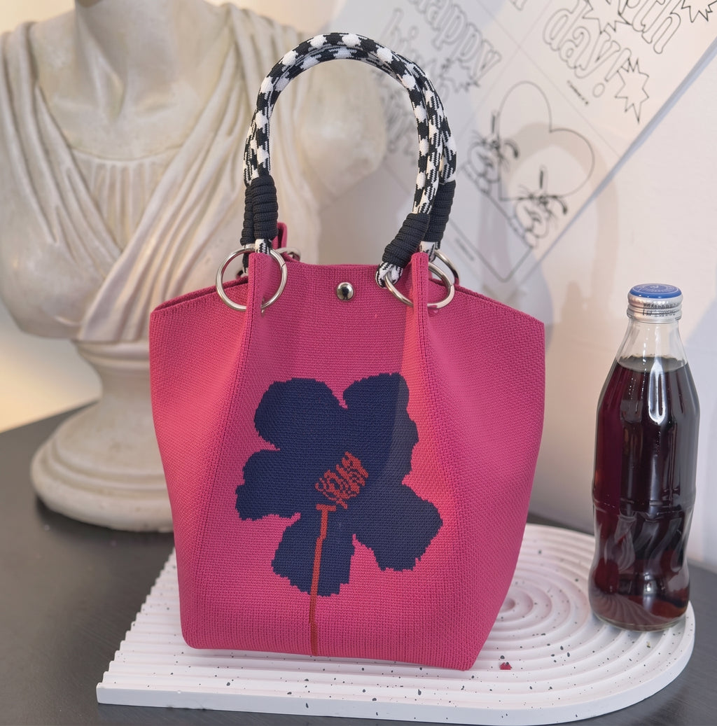 Floral Print Braided Handle Knit Bucket Bag