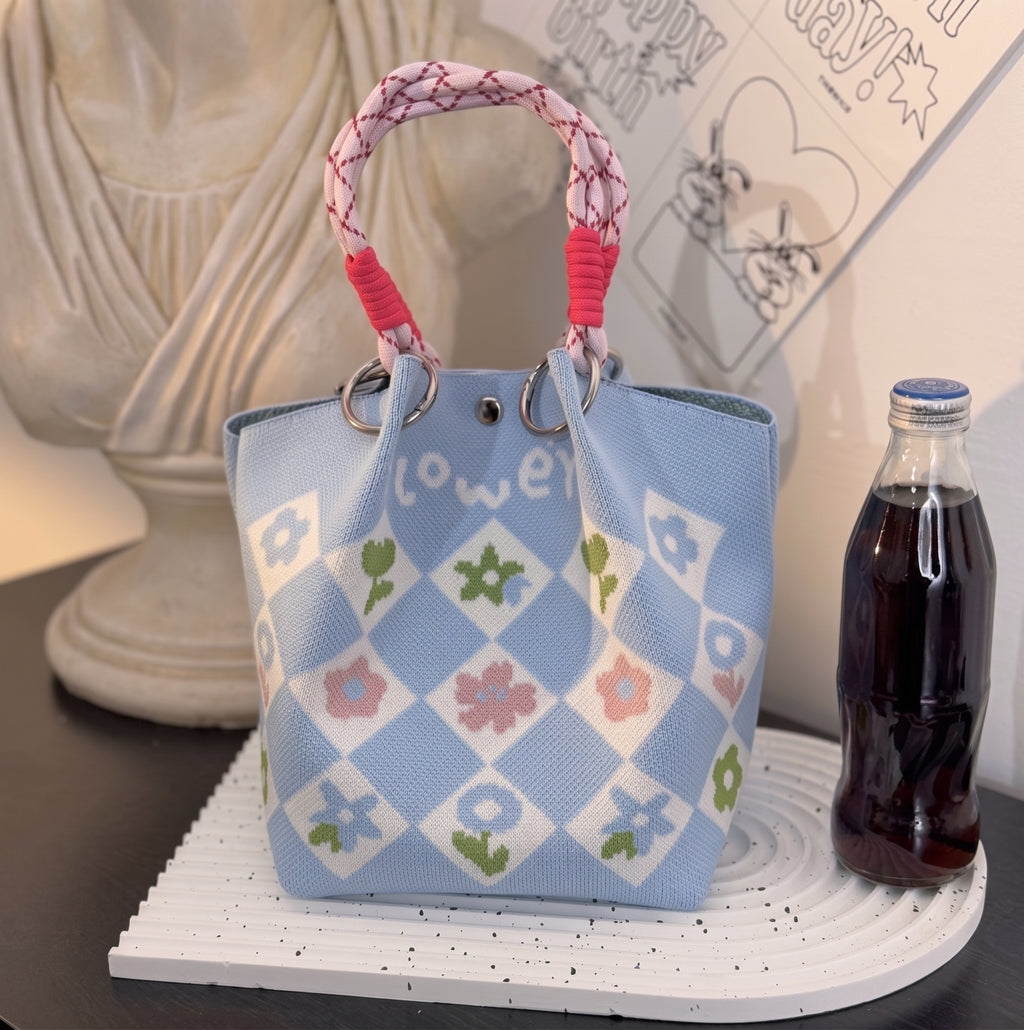 Floral Print Braided Handle Knit Bucket Bag