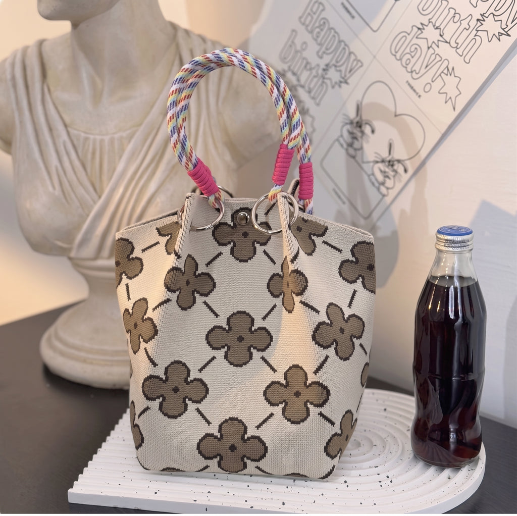 Floral Print Braided Handle Knit Bucket Bag