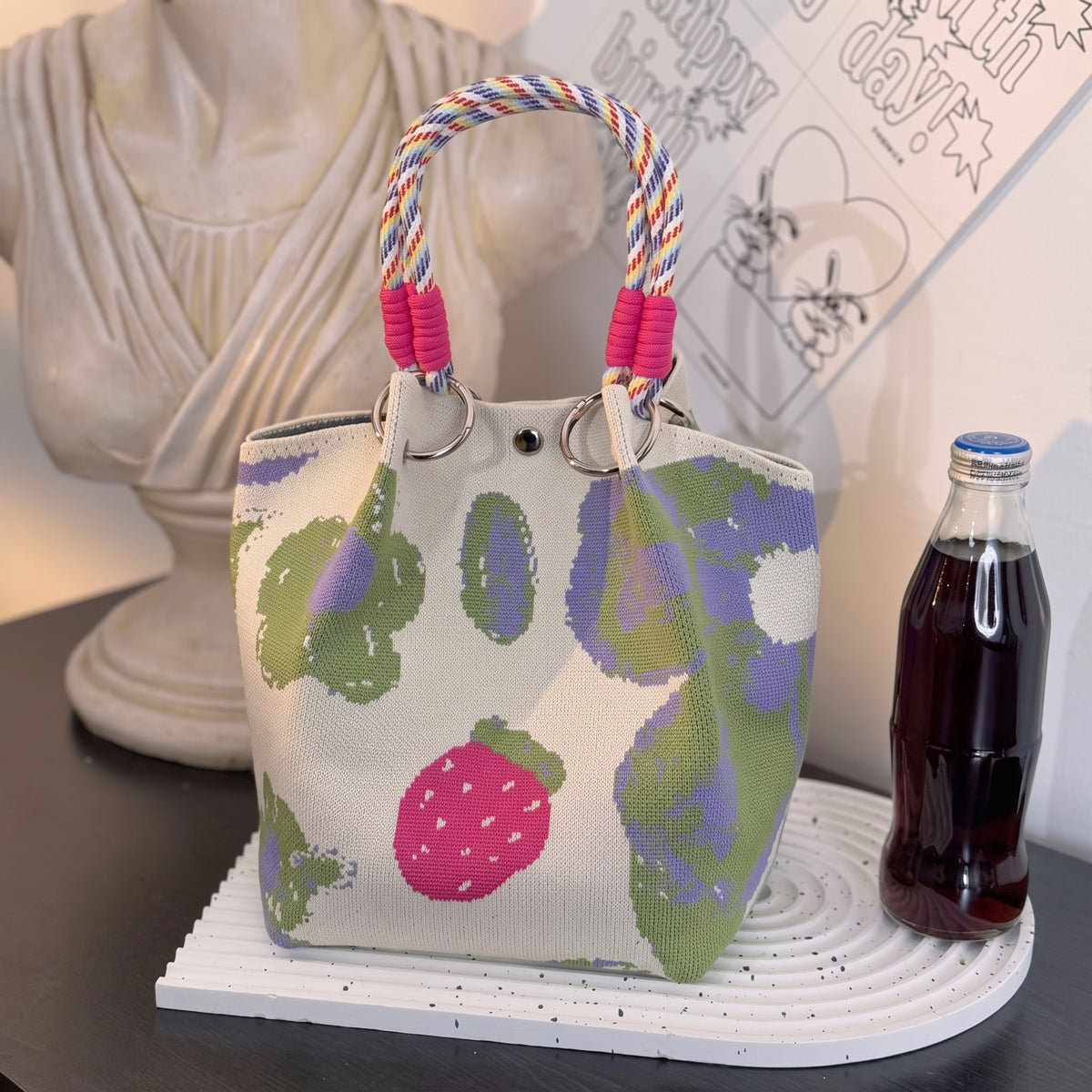 Floral Print Braided Handle Knit Bucket Bag