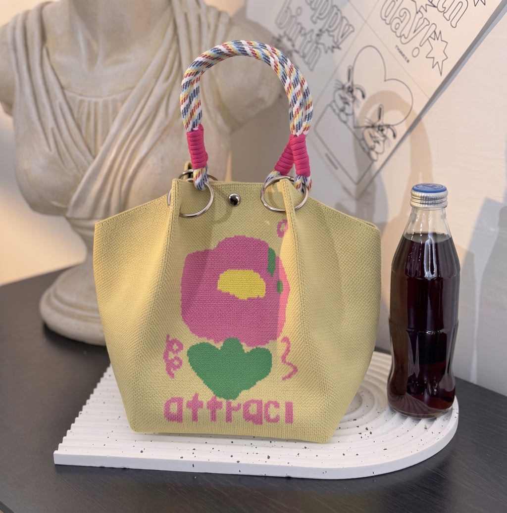 Floral Print Braided Handle Knit Bucket Bag