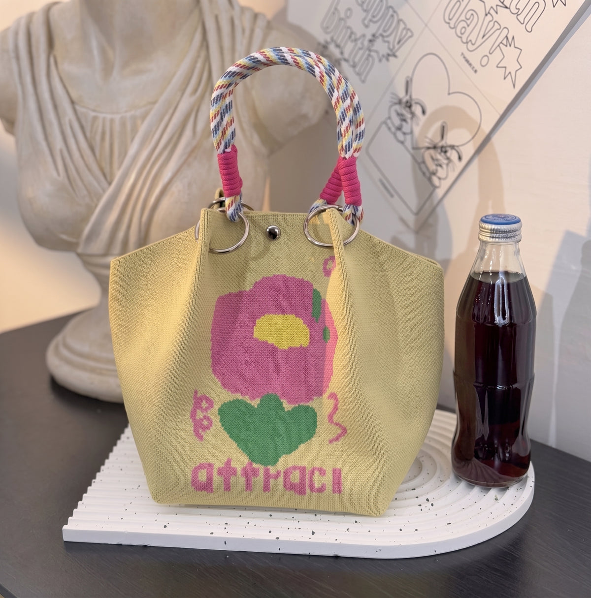 Floral Print Braided Handle Knit Bucket Bag