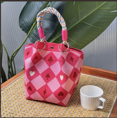 Floral Print Braided Handle Knit Bucket Bag