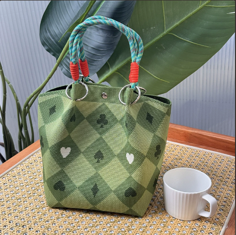 Floral Print Braided Handle Knit Bucket Bag