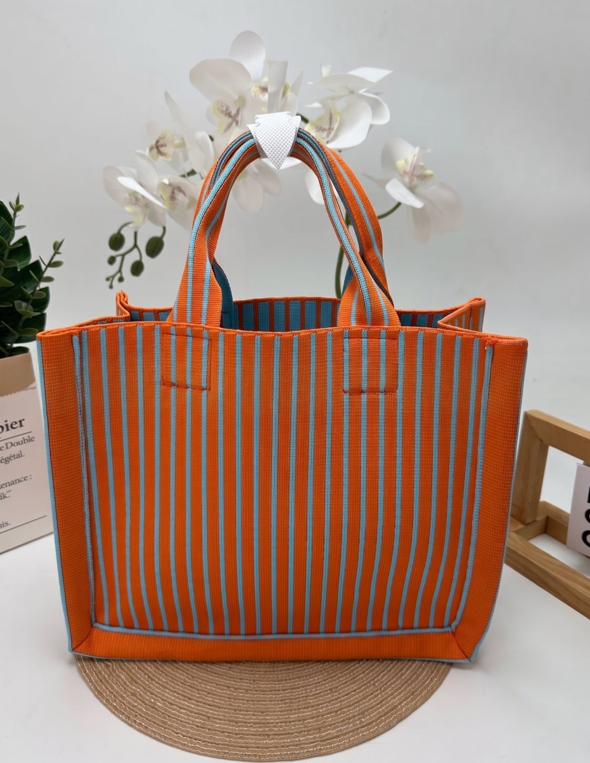 Textured Vertical Stripe Structured Tote