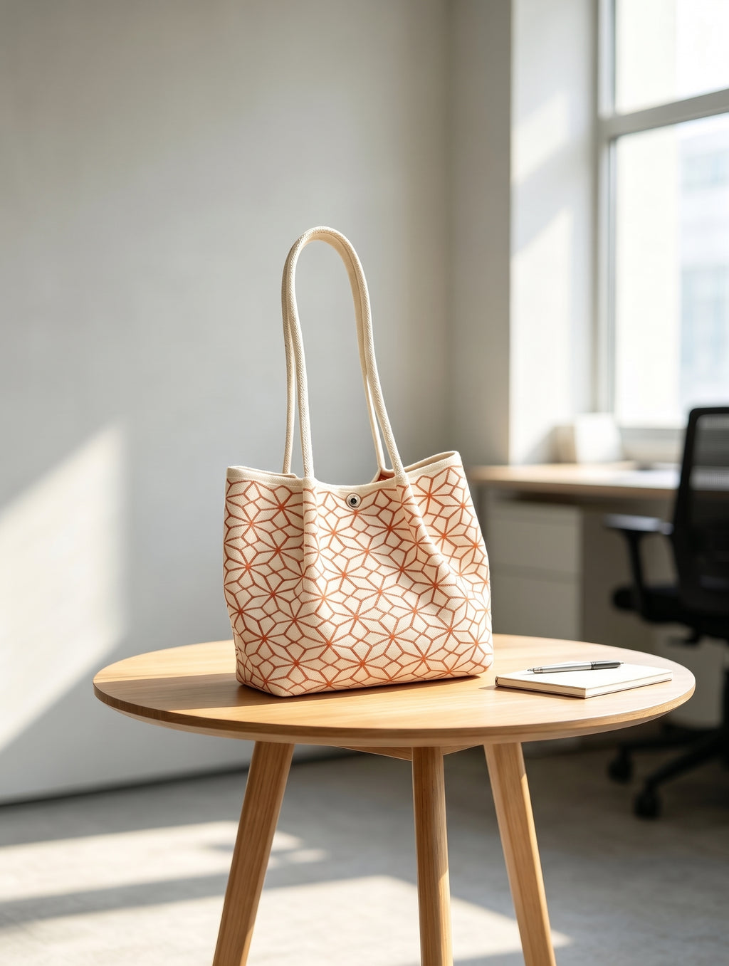 Geometric Print Snap Closure Long Shoulder Handles Knit Tote Bag