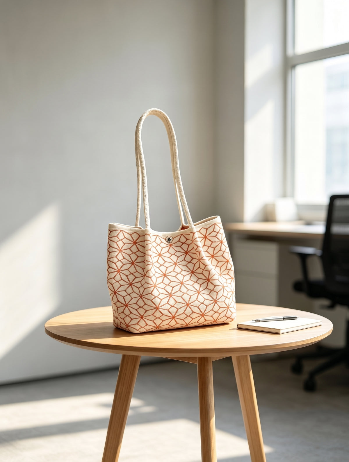 Geometric Print Snap Closure Long Shoulder Handles Knit Tote Bag